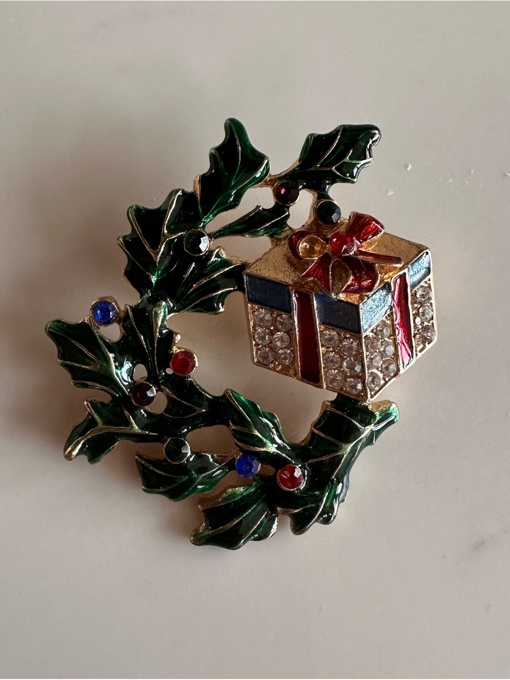 Festive Green Holly Wreath Pin with Crystal Gift Accent